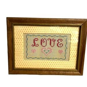 Love Cross Stitch Framed Wall Hanging Art Hand Crafted Vintage Decor Hand Made